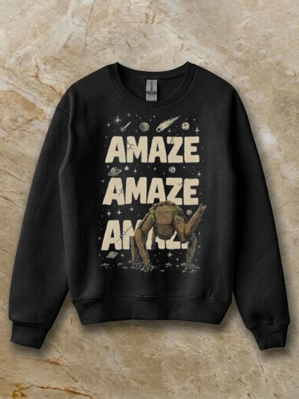 Gildan Black Crewneck with Cream "AMAZE" Graphic and Earth-Tone Creature